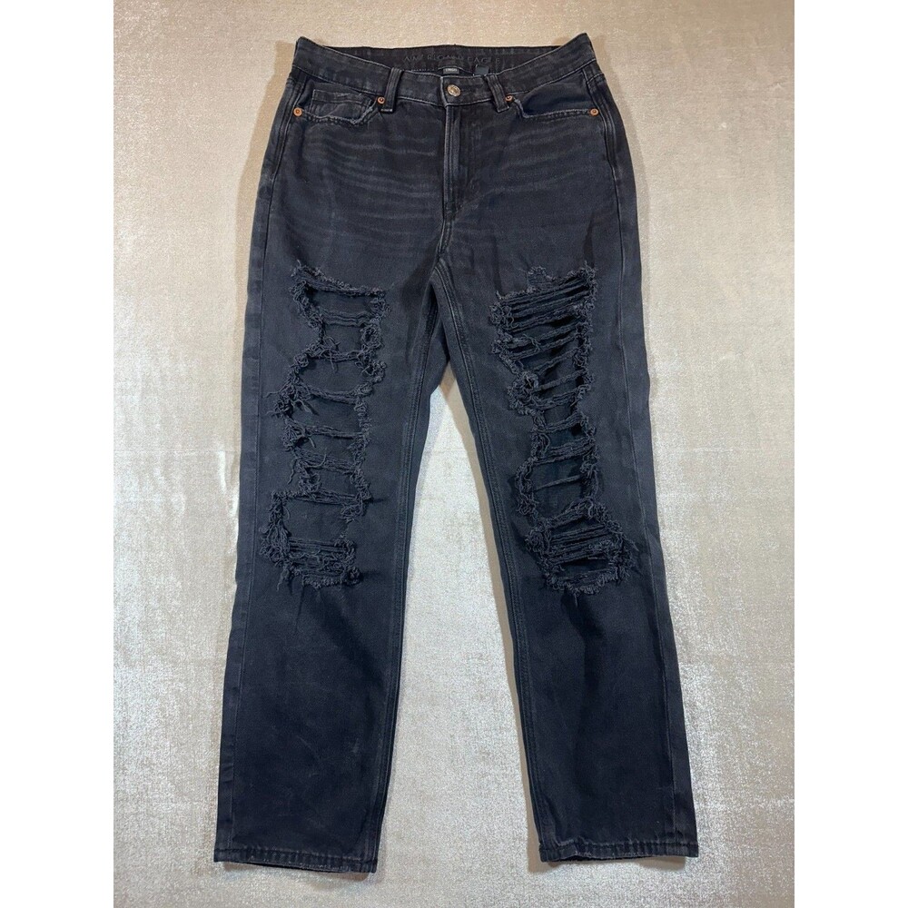 AMERICAN EAGLE Faded Black Destroyed Ripped High-Rise Mom Jeans Size 6 Short
